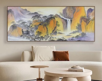 Golden Peaks & Waterfall | Original Hand-Painted Chinese Landscape Painting | Color Ink on Handmade Xuan Paper | 178×68cm Unique Collectible