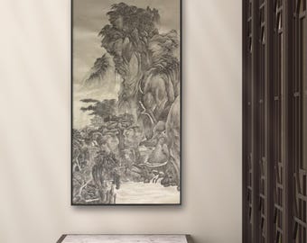 Dwelling Amidst Misty Peaks, Original Hand-Painted, Chinese Landscape Ink Painting | Ink on Xuan Paper | 68x136 cm Collectible Authentic Art