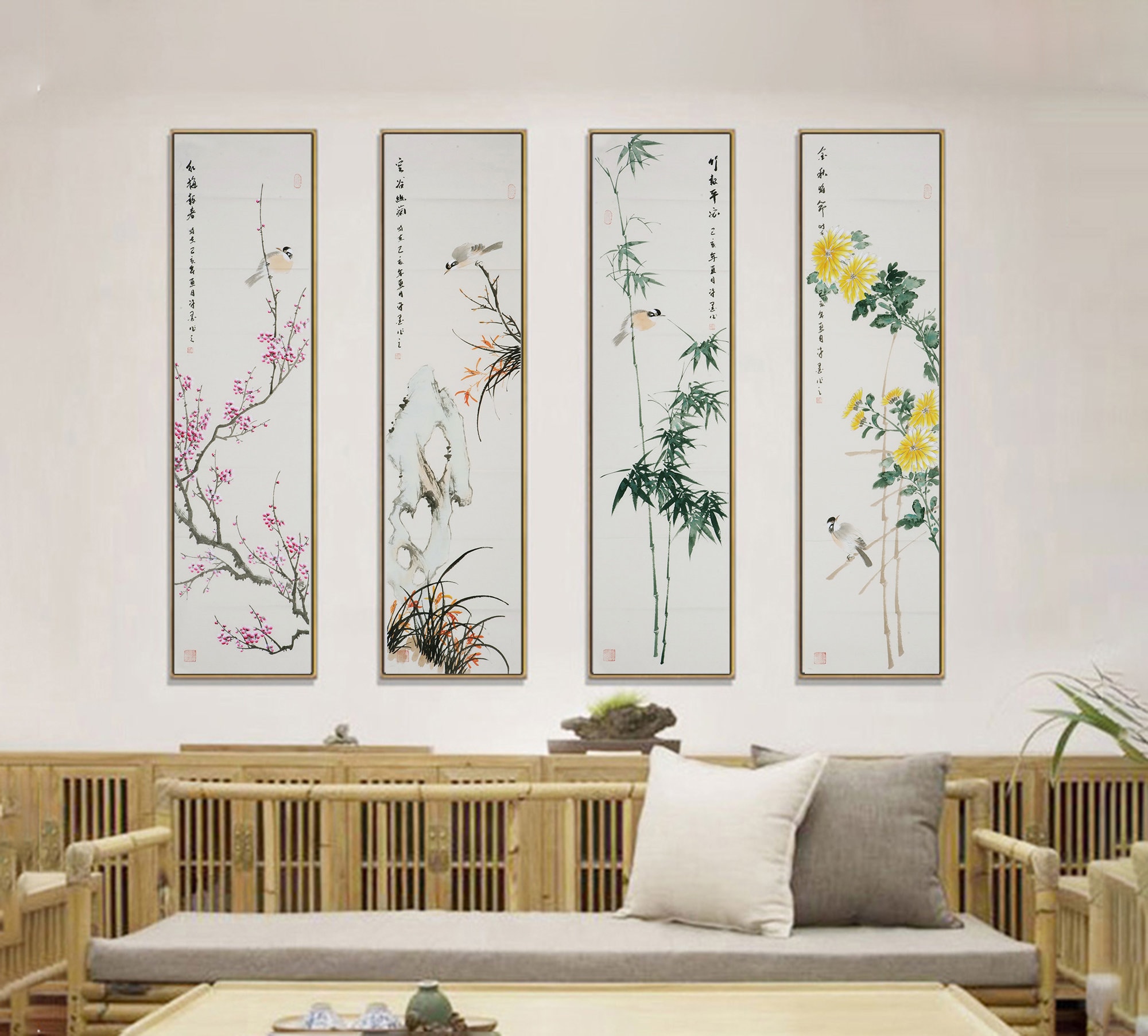 シルクスクリーン chinese bellflower 25/75 Traditional Chinese Four-panel Flower-and-bird Set – Plum Blossom