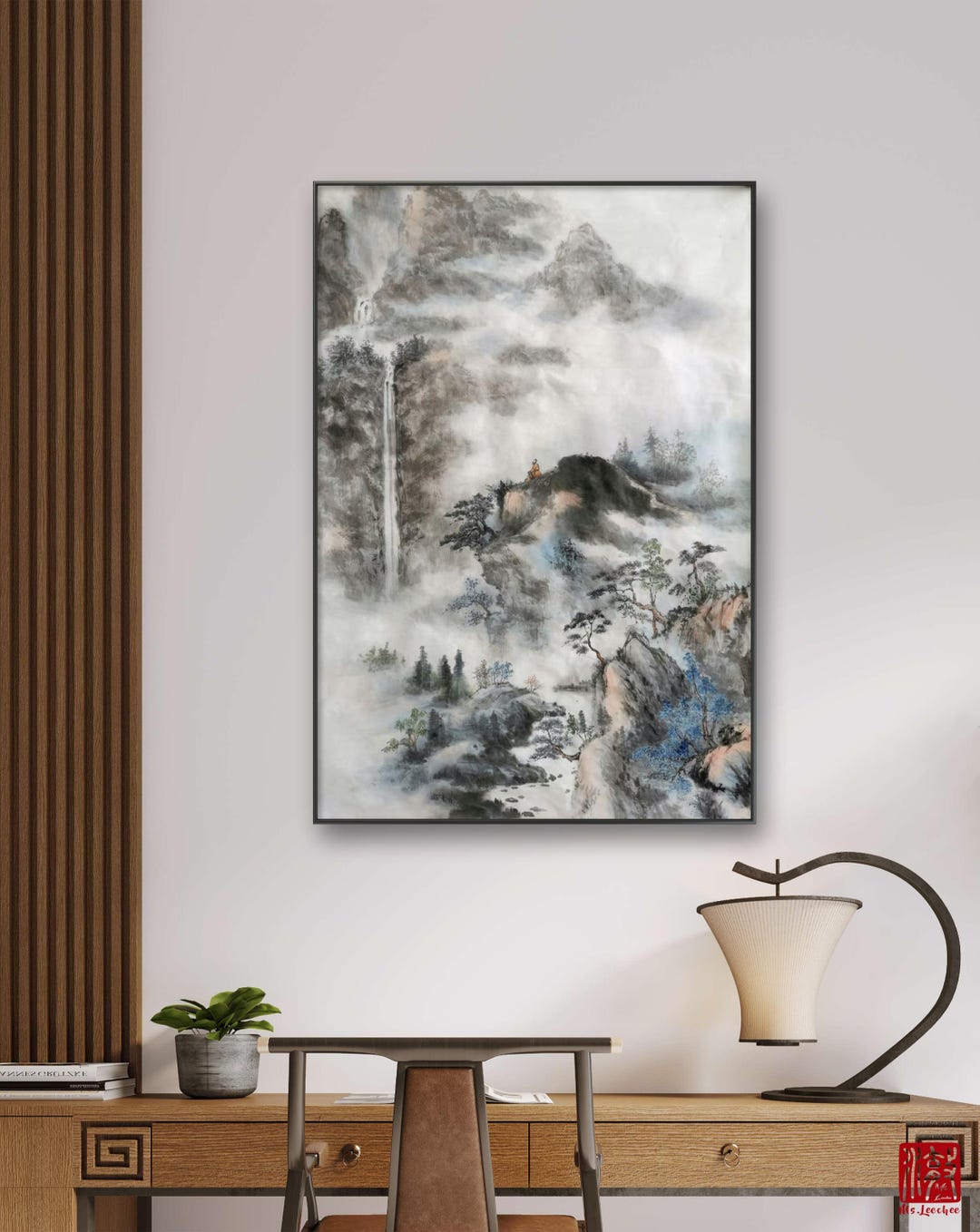 Chinese Misty Mountain Landscape Wall Art - Hand Painted Ink Wash Brush ...