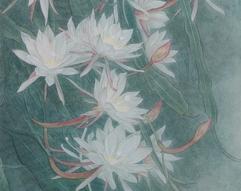 White Epiphyllum art, watercolor flower painting, original hand-painted, Queen of the Night, color on cooked Xuan paper, vertical, 30x48 cm