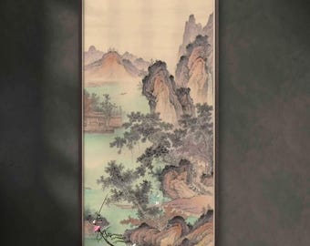 Hearts Returning to Mountains and rivers, authentic Hand Painted Chinese Mountain Landscape Wall Art - Ink Color on Xuan Paper, 68x138 cm