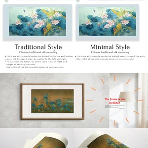 K&ouml;nnte beinhalten: Zwei verschiedene Montagestile f&uuml;r ein traditionelles chinesisches Gem&auml;lde von Lotusblumen. Der erste Stil hei&szlig;t "Traditioneller Stil" und der zweite Stil hei&szlig;t "Minimaler Stil". Beide Stile verwenden einen Seidenbrokat-Rand. Der "Traditionelle Stil" hat einen Rand um das gesamte Gem&auml;lde, w&auml;hrend der "Minimale Stil" einen Rand um die R&auml;nder des Gem&auml;ldes hat. Der Text "Der Rahmen ist nicht im Lieferumfang enthalten" wird ebenfalls im Bild angezeigt.