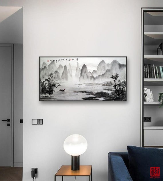 Original Chinese Shan shui painting, Minimal abstract ink wash painting, 100% hand-painted, shuimo painting, horizontal 19.7"x39.4" 49x99 cm