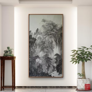 Gray tones, cool demeanor, serene mountain, Authentic Chinese ink wash painting, ink brush painting,  large vertical original hand-painted
