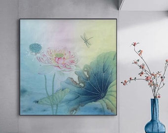 Hand painted lotus blossoms, sense of transparency petals and romantic butterflies, Chinese Gongbi painting, original lotus brush painting