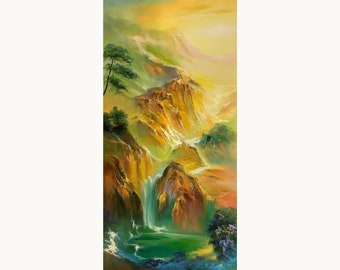 Golden mountain and waterfall painting, original hand-painted oil painting, vertical landscape art 60x120 cm, Chinese modern impressionism