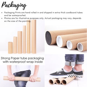 K&ouml;nnte beinhalten: Braune Pappr&ouml;hren in verschiedenen Gr&ouml;&szlig;en sind abgebildet. Die R&ouml;hren werden zum Verpacken von Drucken verwendet. Der Text "Strong Paper tube packaging with waterproof wrap inside" ist im Bild sichtbar.