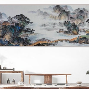 Original Chinese brush painting,  hand-painted antique taste Chinese landscape painting, East Asian ink wash mountains and waters painting