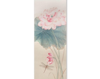 Pink lotus, Original painting, hand-painted, Chinese brush painting, soft pink color blossoms, color on paper, vertical narrow 21x63 cm