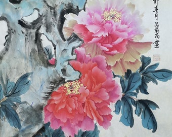 Original watercolor pink peonies painting, vertical 46x69 cm, Chinese Mudan peony brush painting, 100% Hand-painted, Color on Xuan paper