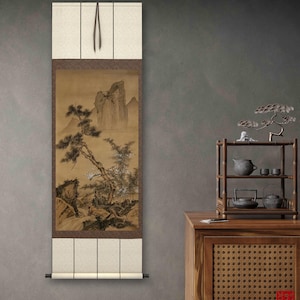 Hand-painted replica of Ma Yuan, Chinese antique literati landscape painting, Shan shui scroll, ink on vintage color Xuan paper, 34x66 cm