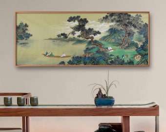 Harmony of Pines and Waters, extra large hand painted Grand Horizontal Ink Color Landscape Scroll with Boating Scene, 177x69cm Panoramic