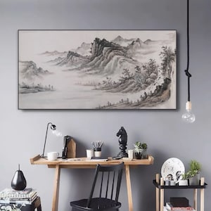 Chinese ink wash painting, minimal mountain art, original ink brush painting, hand-painted, original Chinese painting, unframed authentic