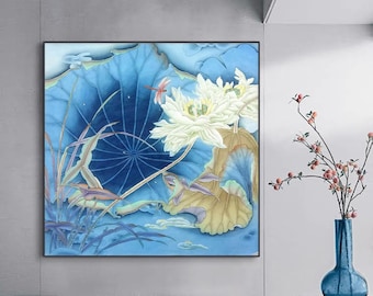 White lotus, original Chinese Gongbi painting, East Asian watercolor lotus art, lotus painting, hand-painted lotus art, blue tones wall art
