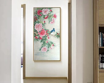 椿の花 細筆画、本格的な手描き工筆画、洗練された中国の花鳥画の