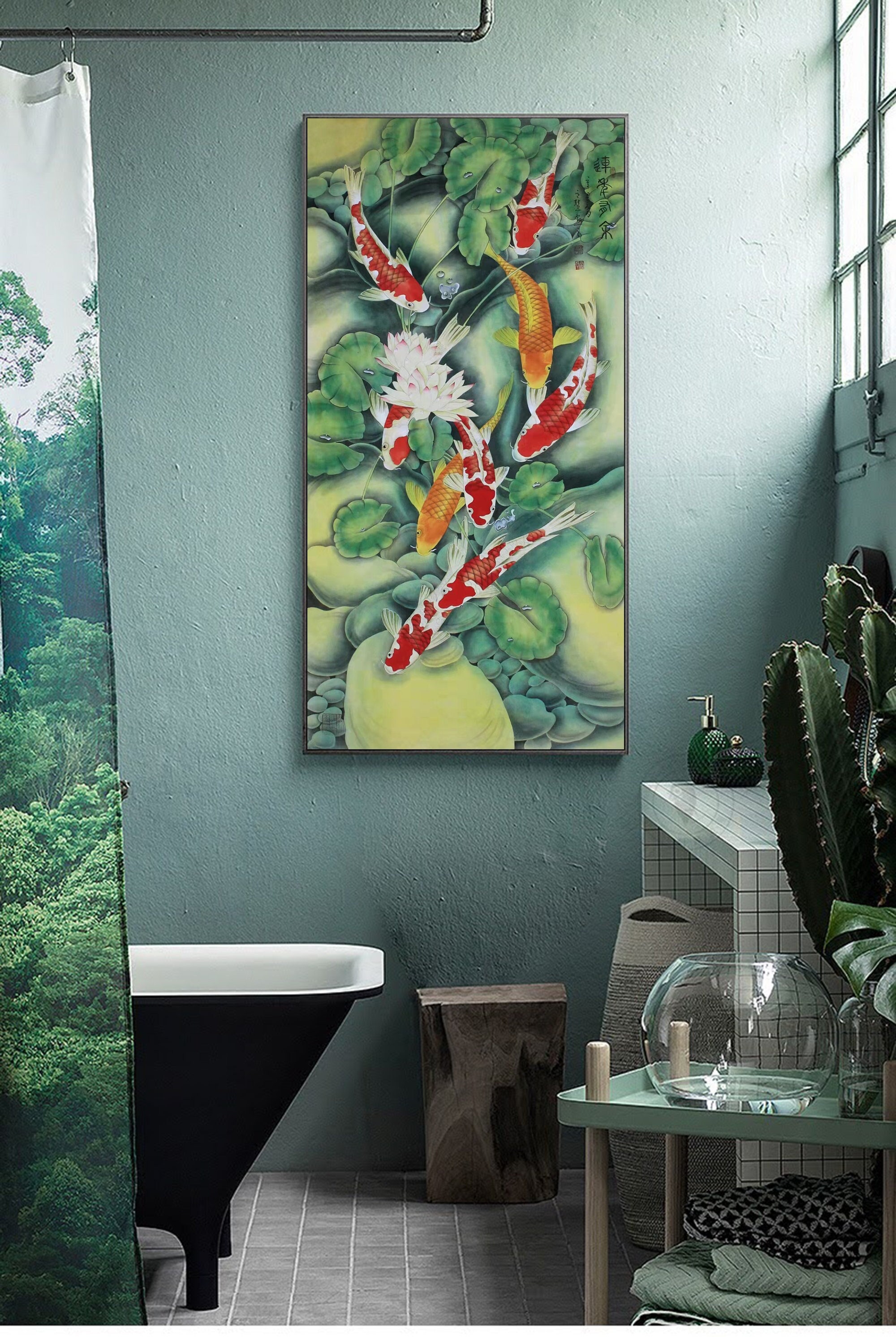Refined koi fish pond water garden brushwork, Hand-Painted Koi fish painting, Original large vertical watercolor koi fish, 25x53 VK