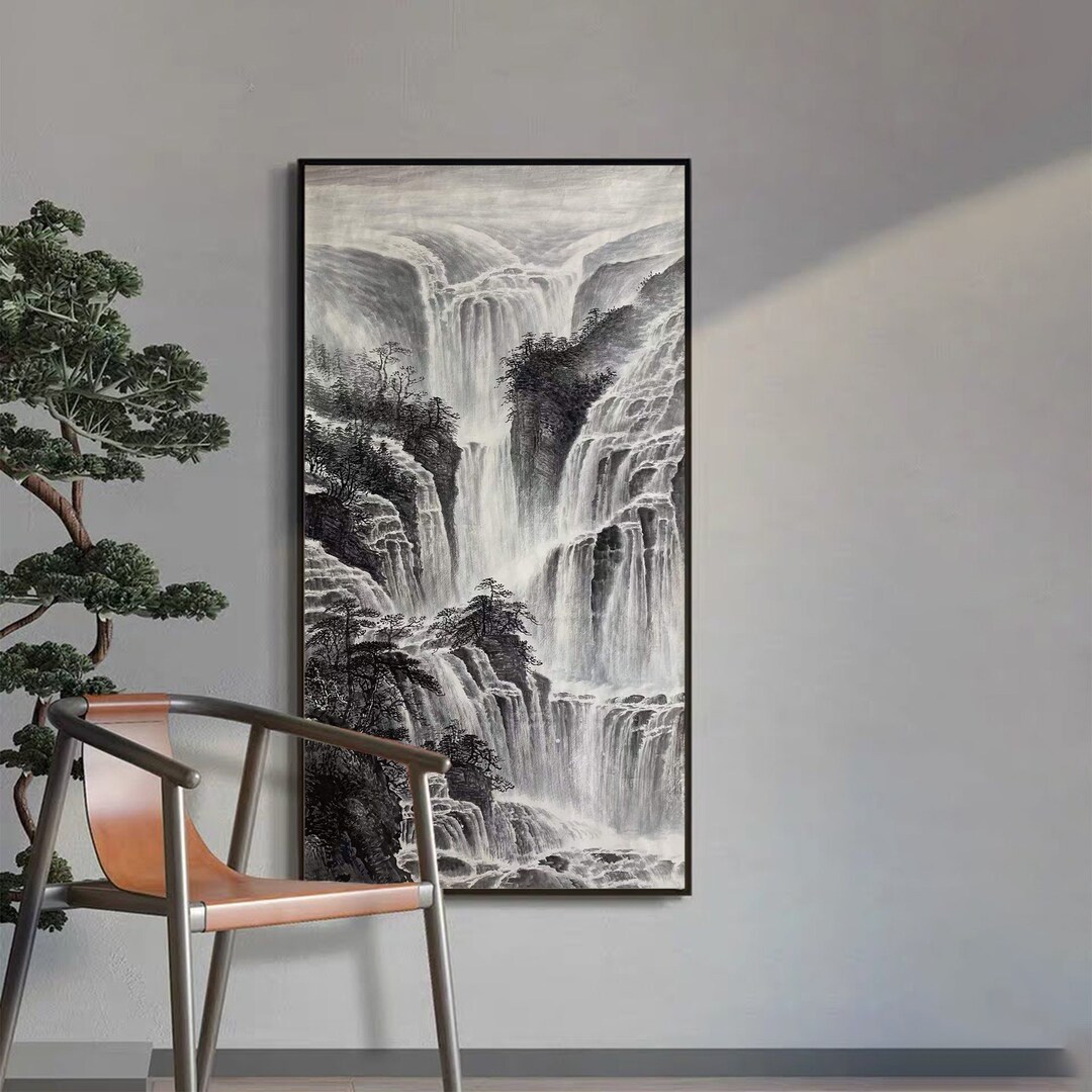 View of Vast High Waterfalls, Original Chinese Brush Painting, Hand-painted Ink ...