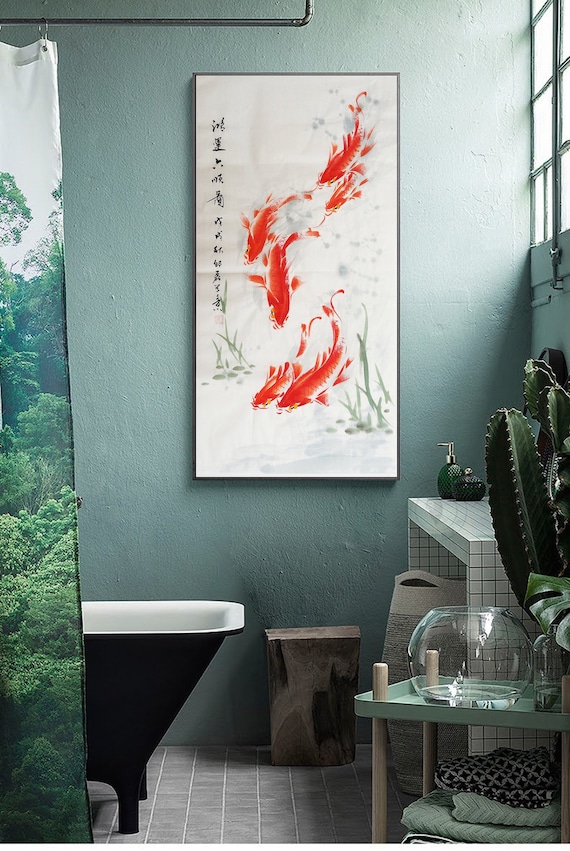 100% 手描きの中国水彩鯉魚アート、細身の縦鯉の絵、オリジナルの
