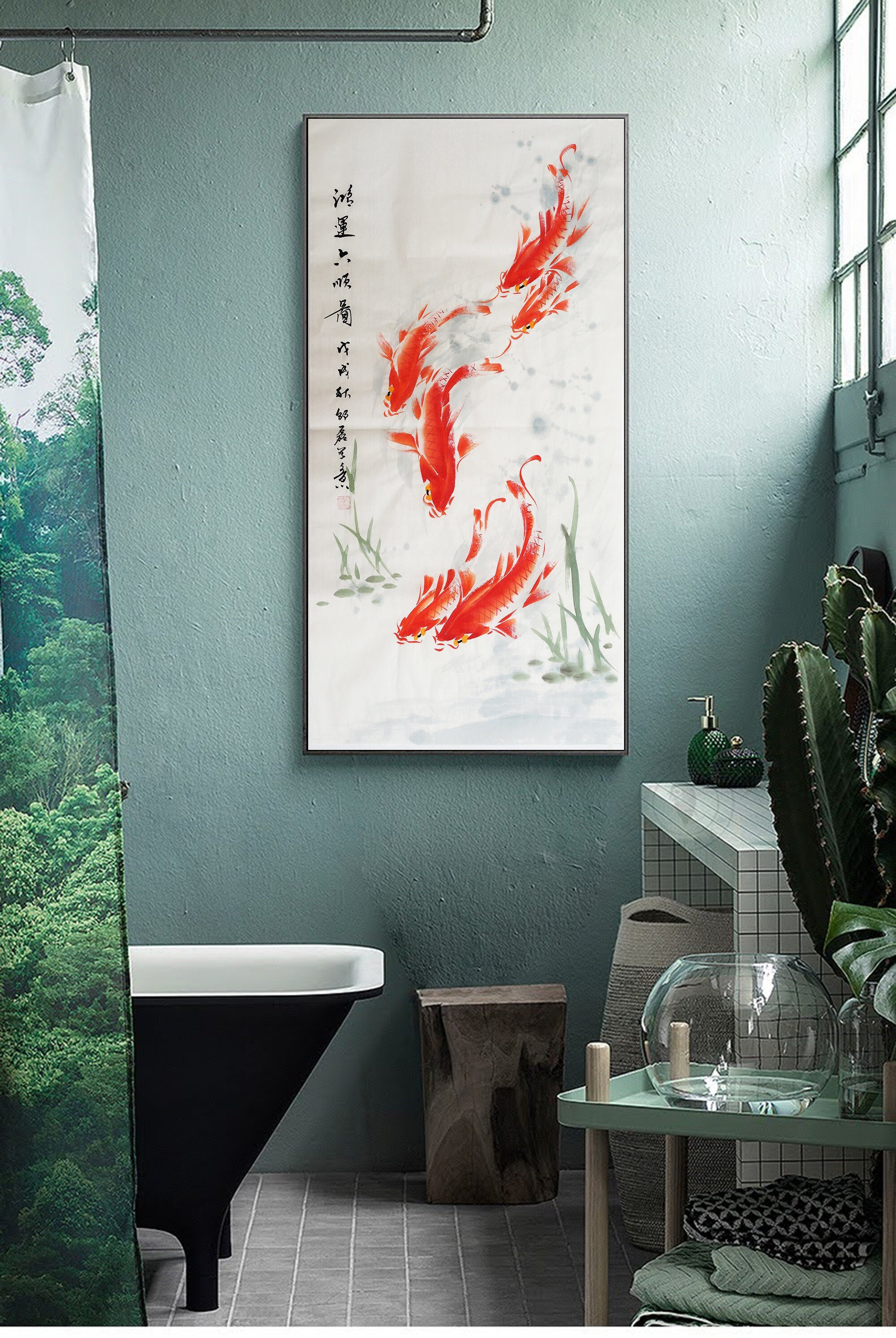 100% 手描きの中国水彩鯉魚アート、細身の縦鯉の絵、オリジナルの