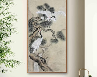 Original Chinese Crane and Pine Painting on Xuan Paper | Authentic Hand-Painted Longevity Scroll | Oriental Ink Art for Home Decor Gift