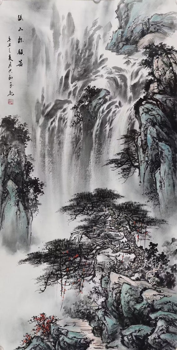 Spectacular Pine Tree and Waterfalls Chinese Painting, Chinese