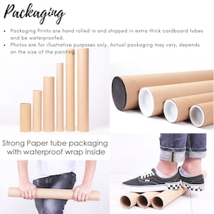 Puede incluir: Se muestran tubos de cart&oacute;n marr&oacute;n de varios tama&ntilde;os. Los tubos se utilizan para empaquetar impresiones. El texto "Strong Paper tube packaging with waterproof wrap inside" es visible en la imagen.