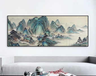 May include: A panoramic painting depicting a misty mountain landscape with rolling hills, lush greenery, and a serene lake. The painting is done in a traditional Chinese style with delicate brushstrokes and muted colors.