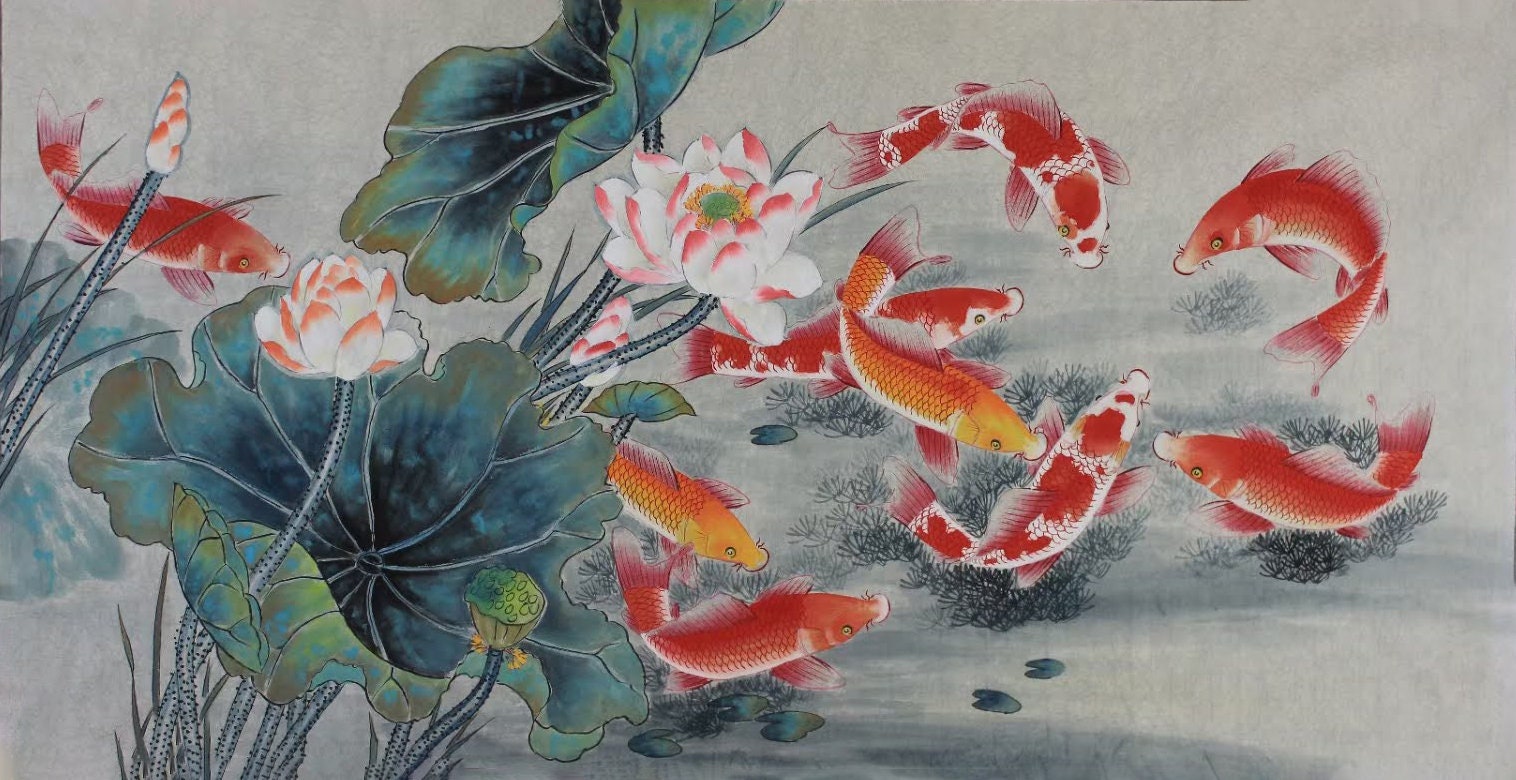 Handpainted koi fish  lotus art koi sumi e horizontal  etsy