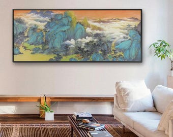 Blue Peaks Cloud Spring | Original Hand-Painted Chinese Landscape | Color Ink on Xuan Paper | 178×68cm Collectible | Qinglü Shanshui Art