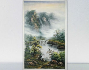 Chinee modern art, Chinese landscape oil painting, hand-painted, stretched canvas painting, misty mountain and water landscape 37x60 cm