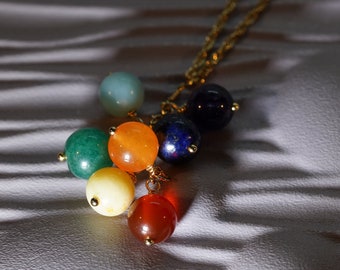 Handmade Seven Chakra Gemstone Cluster Pendant Gold Plated Sterling Silver Adjustable Length Chain Necklace