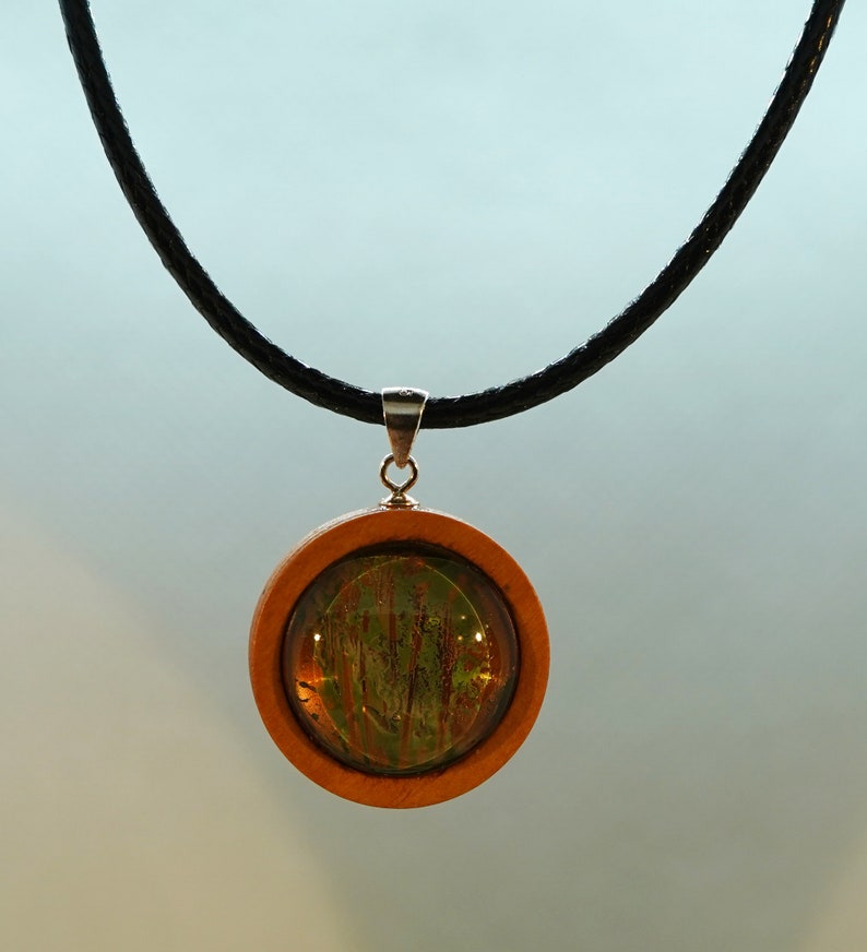 Handmade Watercolour Painting Pendant in Wood and Sterling Silver with choice to add Black Cord or Sterling Chain