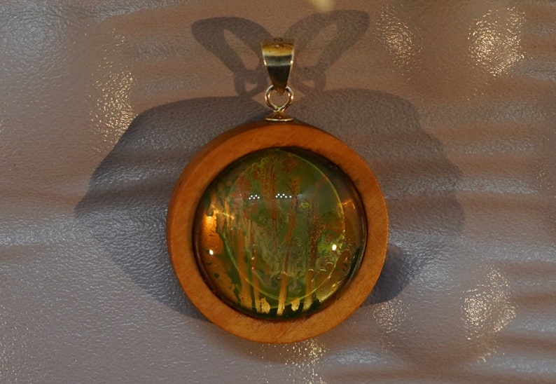 Handmade Watercolour Painting Pendant in Wood and Sterling Silver with choice to add Black Cord or Sterling Chain