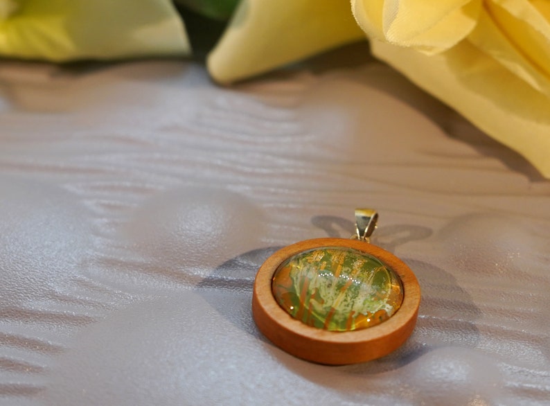 Handmade Watercolour Painting Pendant in Wood and Sterling Silver with choice to add Black Cord or Sterling Chain