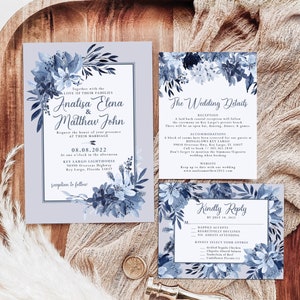 Dusty Blue Muted Floral Wedding Invitation,Reply Card and Details Card Navy Wedding Suite Set Spring Summer Boho | Digital or Printed Cards
