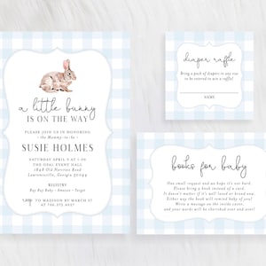 A Little Bunny is on the Way Blue Floral Baby Shower Invitation Set Rabbit Easter Baby Boy Greenery Boho Diaper Book Card Digital or Printed