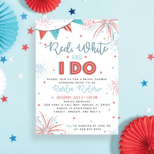 Red White and I Do, 4th of July, Patriotic Fireworks Independence Day Blue Bridal Shower Advice Recipe Set | Digital Printed Cards envelopes
