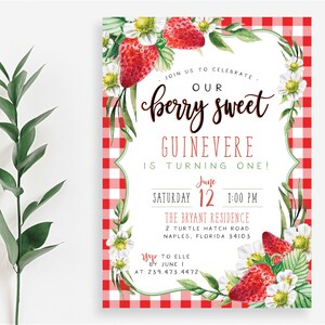 Berry Sweet Strawberry Floral Boho Spring Summer Greenery ONE Any Age Birthday Time Capsule Girl First 1st Invite | Digital or Printed Cards