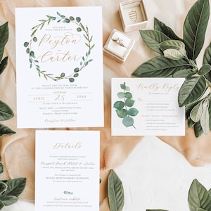 Eucalyptus Greenery Leaves Green Gold Invitation, Reply Card, and Details Card, Spring Summer, Wedding Suite Set | Digital or Printed Cards