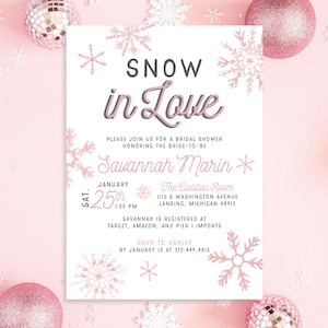 Snow in Love Winter Snowflakes Bridal Shower Invitation Invite Pink Snow Silver Advice Recipe Set Christmas Rustic |Digital or Printed Cards