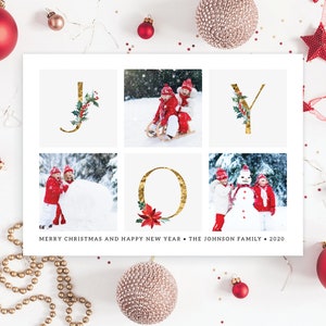 JOY Floral Holiday Christmas Card with Photo Collage Family, Greeting Card Floral Faux Gold Foil Simple | Digital or Printed Cards (317)