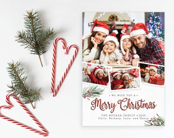 Merry Christmas Snapshot Happy Holidays Holiday card with multiple 4 photos, Family Card, Greeting Card | Digital or Printed Cards (301)