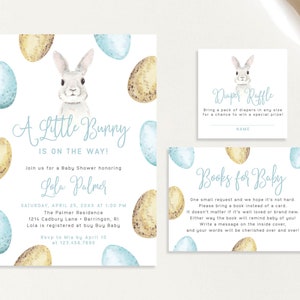 A Little Bunny is on the Way Blue Baby Boy Easter Eggs April Spring Baby Shower Invitation Set Rabbit Diaper Book Card | Digital or Printed