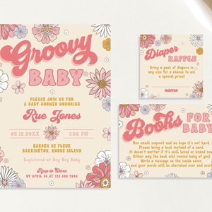 Groovy Baby Hippie Hipster 70s Vibe Retro Floral Daisy Shower Invitation Set Baby Girl Pink Diaper Book Card Set | Digital or Printed