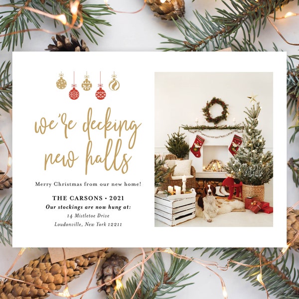 New Home Address Decking New Halls 2021 Holiday Family Christmas New Year Card Red Gold Photo Collage |  Digital or Printed Cards (708)