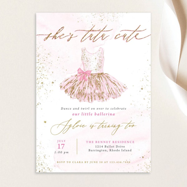 She's Tutu Cute Ballerina Ballet Dancer One Any Age Pink Girl Glitter First 1st Birthday Party Invite Invitation Digital or Printed