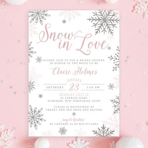 Snow in Love Winter Snowflakes Bridal Shower Invitation Invite Pink Glitter Snow Silver Advice Recipe Set Holiday | Digital or Printed Cards