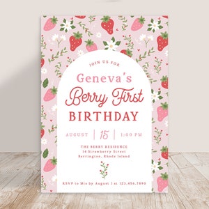 Berry First Birthday Invite Invitation Party, Strawberry Strawberries Red Pink Daisy Floral | Digital or Printed Cards with Envelopes