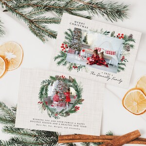Greenery Foliage and Berries, Merry Christmas Holiday Family New Year Card, Invitation Minimalistic Photo Collage Digital or Printed  (924)